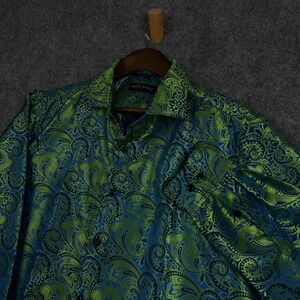 Barry Wang Mens Silk Blend Paisley Button Down Shirt Green Blue Long Sleeve L